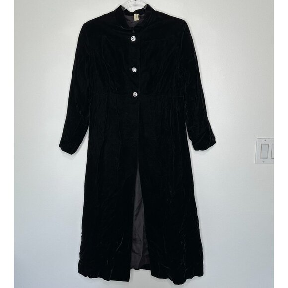 Vtg Opera Long Jacket Black Velvet Rhinestone Button Small - Picture 1 of 11